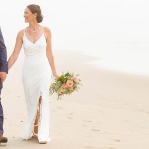 Ruched Spaghetti Strap Jersey Dress with Lace Slit